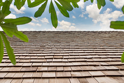 The view from the bottom of the roof looking up to the sky.