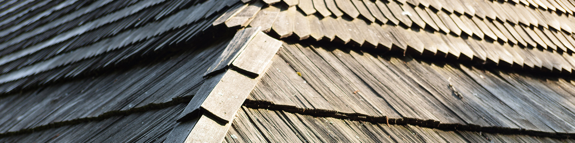 A close-up of an old cedar roof.